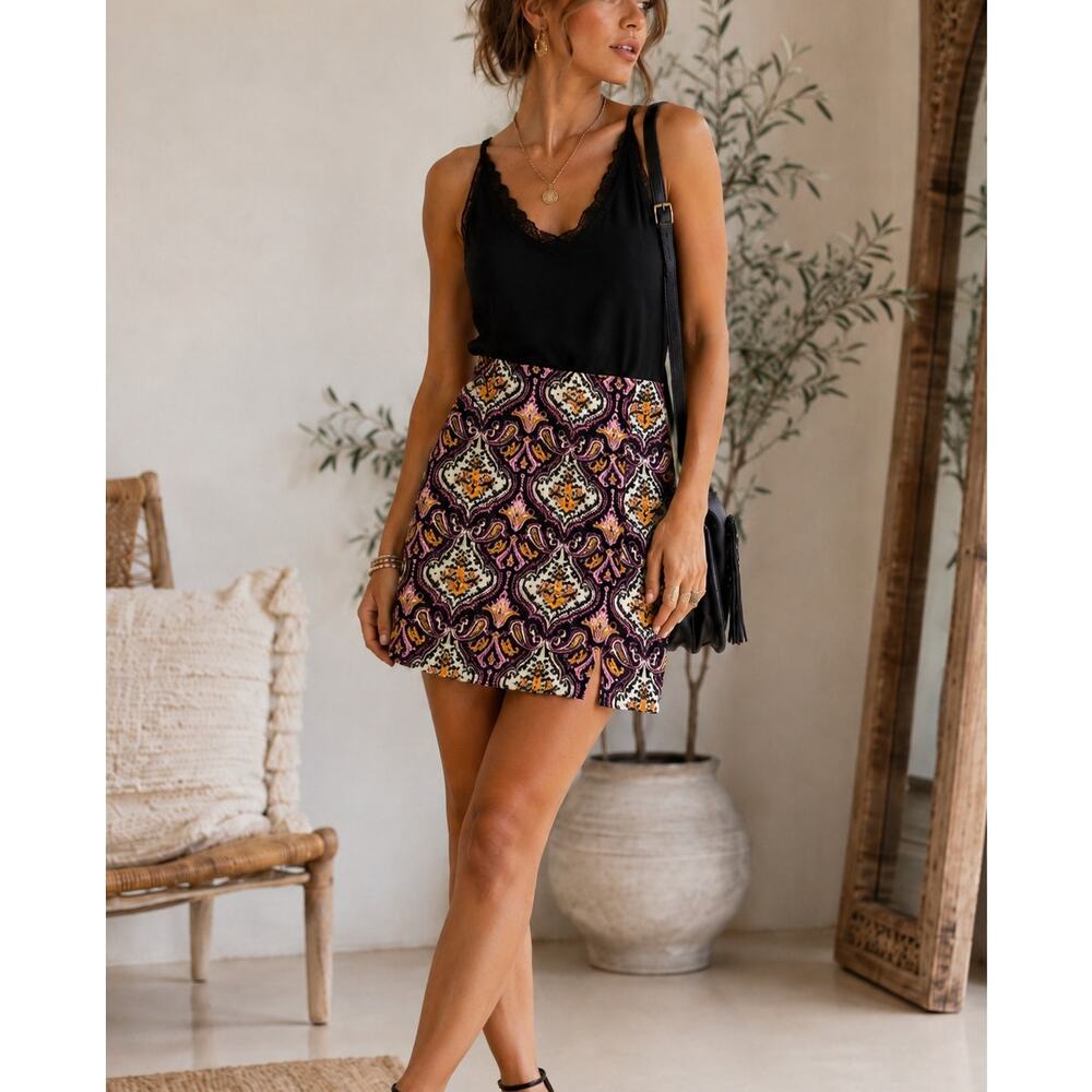 J Crew The Pencil Skirt Pink Yellow Black Paisley Print Mini Womens 6 Straight